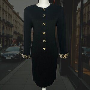 Vintage Stuart Alan Size 10 Black Leopard Dress Button Classic Cocktail Modest